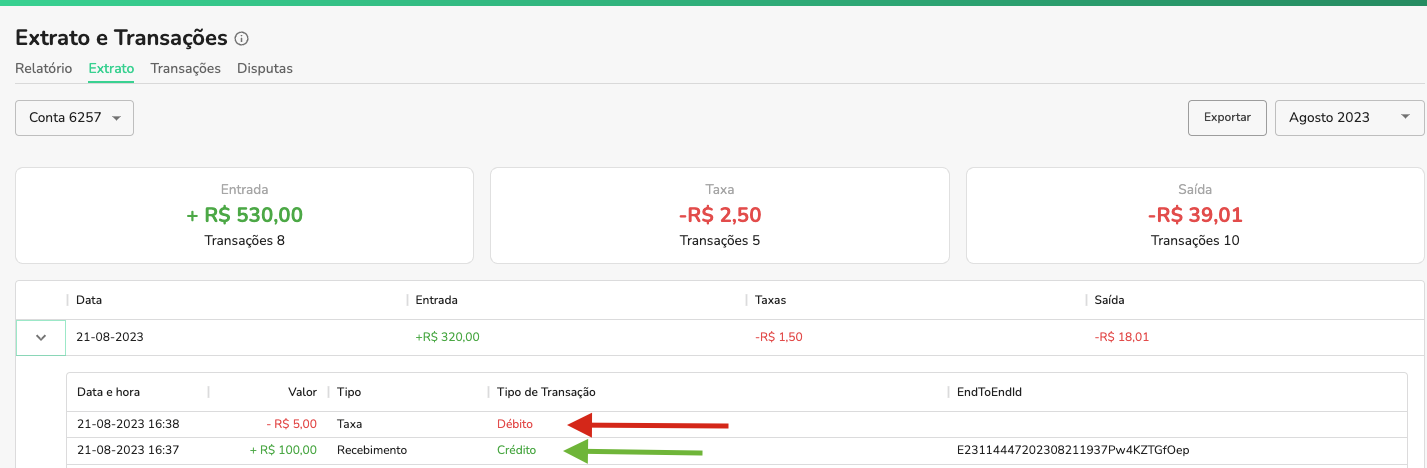 Extrato do afiliado por cobrança com fee percentual